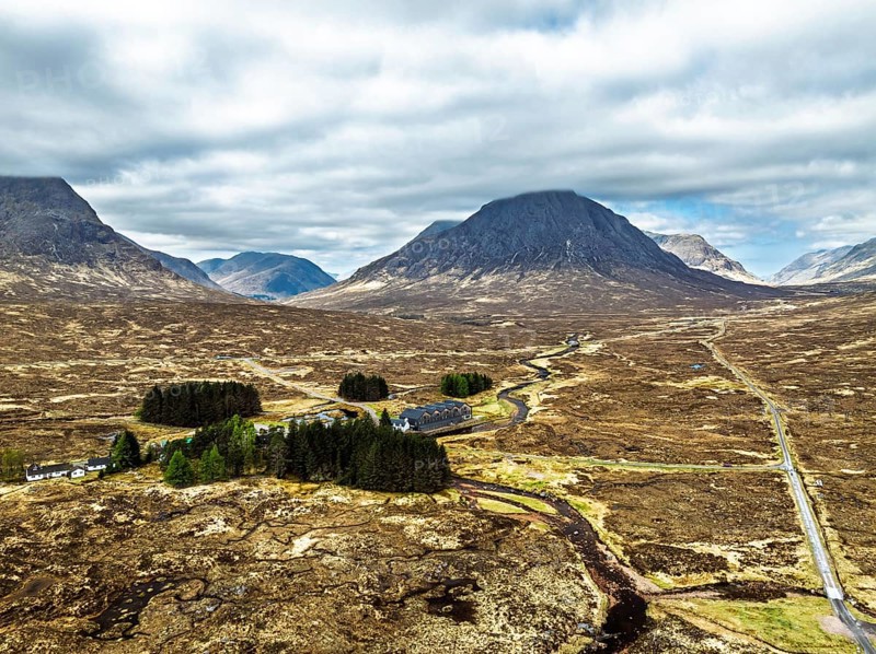 Mountains and Moors over Glen Etive Valley from a drone, Buachaille Etive Mòr, The Buachaille, Highlands, Scotland, United Kingdom