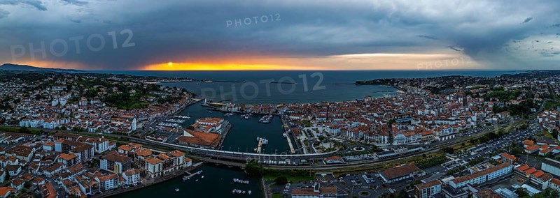 Panorama of Sunset over Saint-Jean-de-Luz from a drone, Nouvelle-Aquitaine, Pyrenees-Atlantiques, France