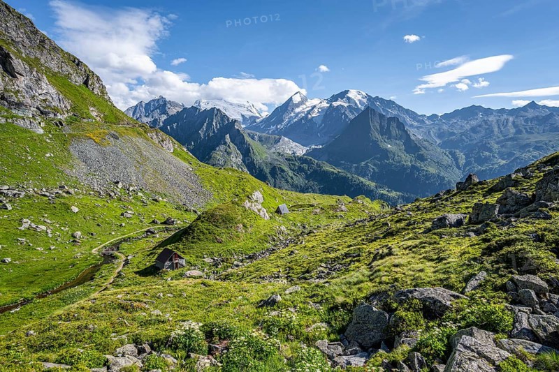 View from the Cabane du Louvie of the glaciated mountain peaks of the Grand Combine, Valais Alps, Val de Bagnes, Valais, Switzerland