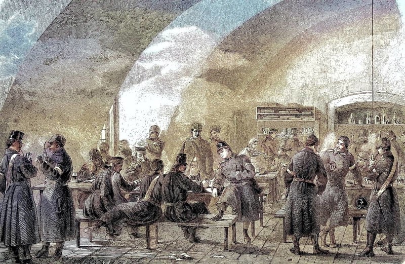 Austrian military tavern in the cellar of Gottorp Castle, coloured woodcut from 1864, soldiers in a canteen with vaulted ceiling, eating and talking