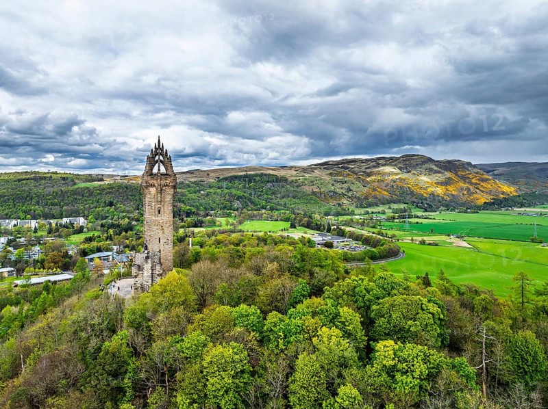 The National Wallace Monument or William Wallance Monument from a drone, Stirling, Scotland, England, United Kingdom