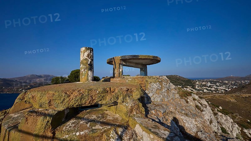 An abandoned concrete ruin on a rocky hill with a wide view over the landscape, Lost Place, Lago anti-aircraft battery, bunker, Apitiki Mountain, Leros, Dodecanese, Greek Islands, Greece