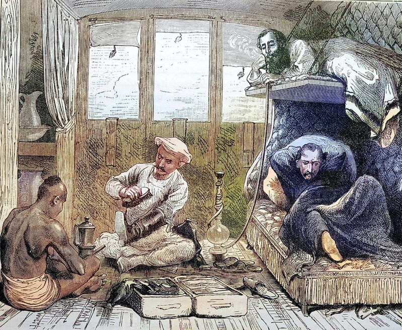 Water pipe, Train travellers in India, coloured wood engraving, Reproduction from a model from ca 1888, Historical, Historical scene in an inhabited interior with several people doing everyday activities
