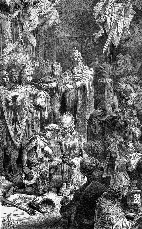 The court in Mainz, today Mainz, Germany of Frederick Barbarossa, a German Emperor of the Holy Roman Empire, who was elected King of Germany in Frankfurt and crowned in Aachen on 9 March 1152, digital reproduction of a historical original