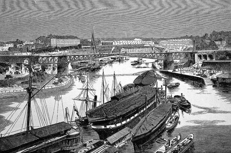 Military harbour or naval port of Brest on the Atlantic Ocean, warships, tall ships, cityscape, bridge over the river Penfeld, Brittany, France, historical illustration 1896