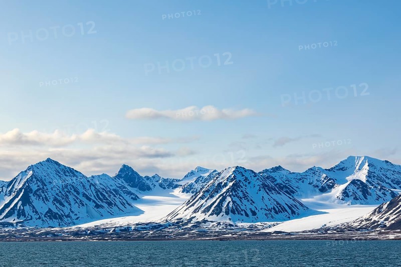 Mountain tops, snow, sea, Smeerenburg, Spitsbergen, Svalbard