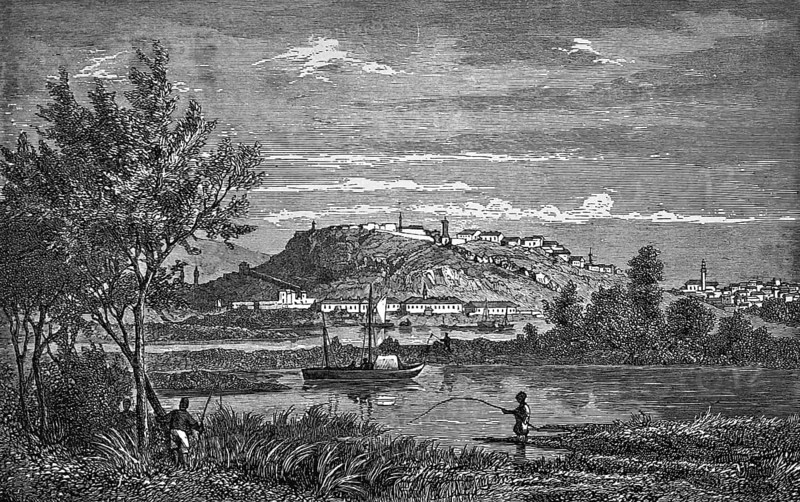 Belgrade at the confluence of the Danube and Sava rivers, capital of Serbia, location on a hill, navigable river, river bank with reeds, sailing boat, angler, idyllic landscape, mining, historical illustration 1877