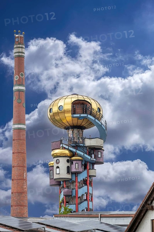 Chimney and tower of the Kuchlbauer brewery designed by Friedensreich Hunderwasser, Römerstr, 5-9, Abensberg, Lower Bavaria, Germany