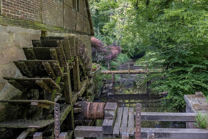 Mill wheel of an old watermill, Welbergen, Münsterland, North Rhine-Westphalia, Germany