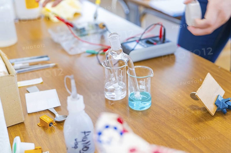 Chemistry laboratory with various laboratory equipment and liquid on the table, Battery Research, Nagold, Germany
