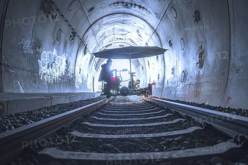 An illuminated tunnel with rails and graffiti on the walls. In the background is a figure with a large umbrella, grinding work on the Hermann Hesse railway, Ostelsheim, district of Calw, Germany