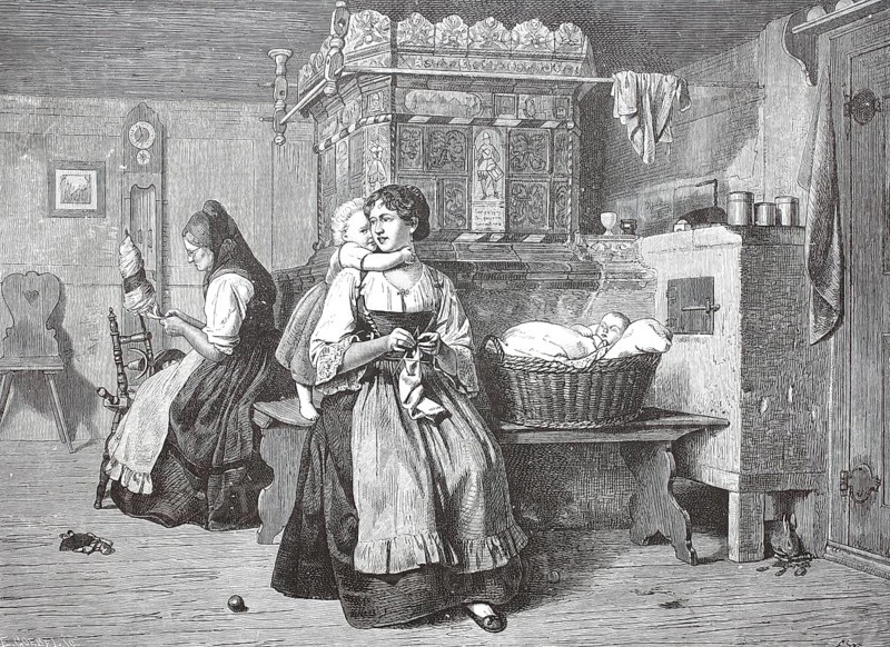 In the kitchen of a farmhouse in Flanders, the woman sit at the tiled stove and spin and sew, housework, baby lies in the basket, around 1880, Historical, digitally restored reproduction from a 19th century original, Record date not stated