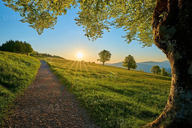 Idyllic path under evening sun along a green meadow with beech trees, spring, Schauinsland, Freiburg im Breisgau, Black Forest, Baden-Württemberg, Germany