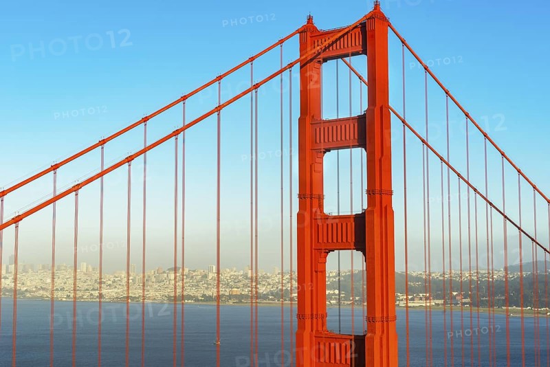 View of Golden Gate Bridge and financial district in the distance, San Francisco, California, USA