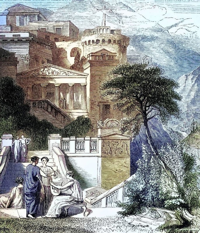 Life in ancient Rome, woman on the garden terraces, c. 400 AD, Italy, digital reproduction of a historical model