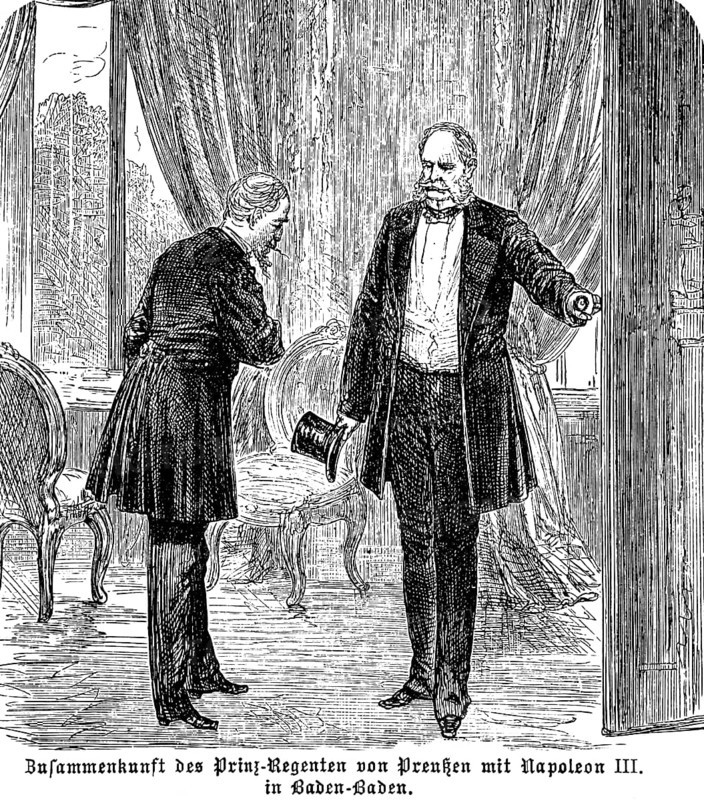 Meeting of the Prince Regent of Prussia with Napoleon III in Baden-Baden, Franco-Prussian War, Battle of Sedan 1870, Defeat of France, Napoleon in captivity, portrait, Prussia, historical illustration 1896