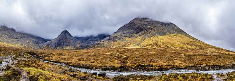 Panorama of Fairy Pools and Waterfalls, Glen Brittle, Black Cuillin, Isle of Skye, Scotland, UK
