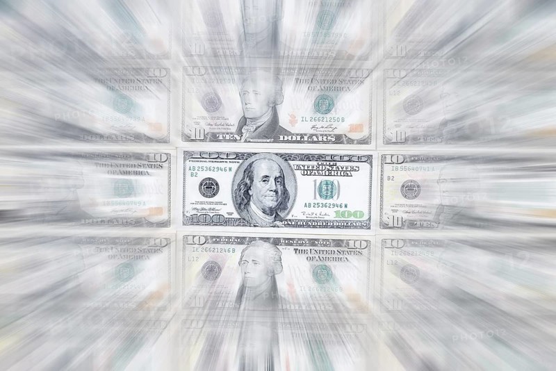US dollar notes, 10 dollars, 100 dollars, banknotes, zoom effect