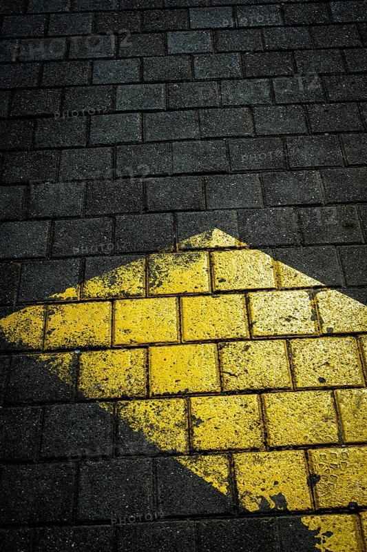 A yellow arrow marking on dark textured pavement draws attention. The sunlight creates an interesting play of shadows, adding depth to the scene