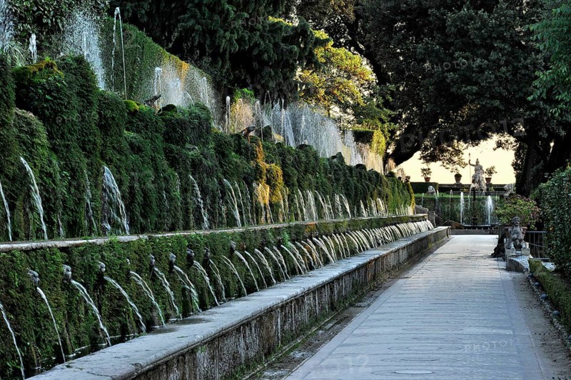 Avenue of a Hundred Fountains, Viale delle Cento Fontane, behind Fontana della Rometta, Renaissance garden of Villa d'Este, water features, fountains, UNESCO World Heritage Site, Tivoli, Metropolitan City of Rome, Lazio, Italy