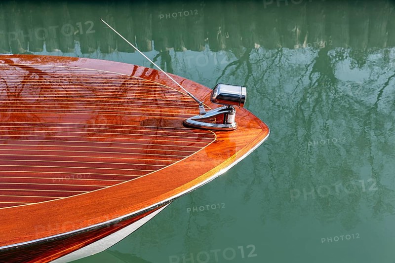 Radio antenna on motorboat, water taxi, taxi boat on waterway, canal, view from above, detail, Torcello Island, Venice Lagoon, Veneto, Italy