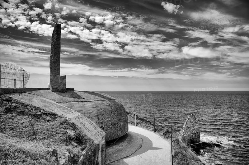 Pointe du Hoc, memorial on former German bunker, memorial for US Ranger, black and white, Cricqueville-en-Bessin, D-Day, Operation Overlord, Omaha Beach, Utah Beach, Normandy, Calvados, France