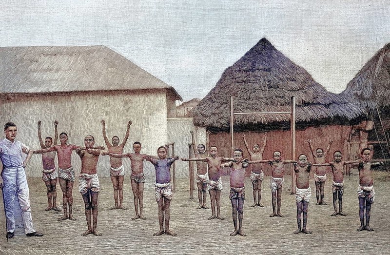 German gymnastics lessons for the natives of Togo, Africa, Togoland was a German protectorate in West Africa from 1884 to 1914, Illustration from 1894, Reproduction, digitally enhanced, Historical