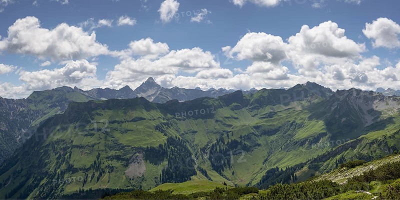 Mountain panorama from the Koblat high trail on the Nebelhorn over the Obertal valley with lush green alpine meadows to the Hochvogel and Rosszahn group with the Hochvogel, 2592m, Allgäu Alps, Allgäu, Bavaria, Germany