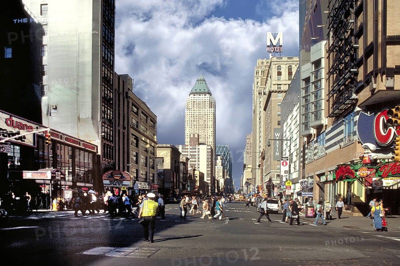 Street with the One Worldwide Plaza, residential complex in Manhattan New York City, USA