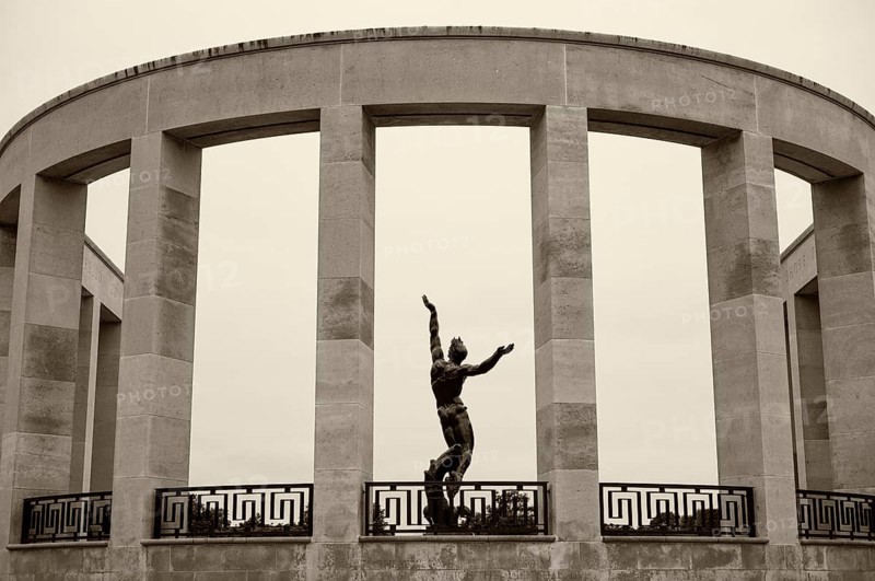 Bronze statue The Spirit of American Youth Rising from the Waves by Donald De Lue, military cemetery, American Normandy Cemetery, Normandy American Cemetery and Memorial, Omaha Beach, D-Day, Operation Overlord, Saint-Laurent-sur-Mer near Colleville-sur-Mer, black and white, vintage, Normandy, Calvados, France