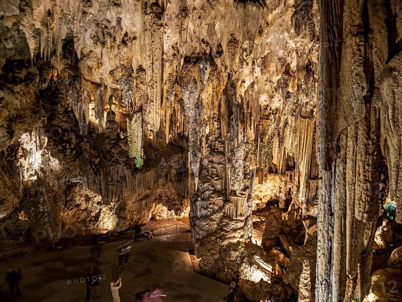 Cueva de Nerja, illuminated cave, large stalagmites and stalagtites, Nerja, Andalusia, Spain