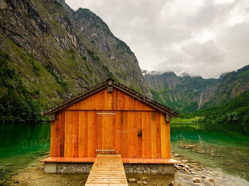 Boathouse at the Obersee near Königssee in the Berchtesgaden National Park, Schönau am Königssee, Berchtesgadener Land, Upper Bavaria, Bavaria, Germany