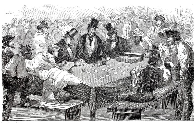 Men gambling with cards at a gaming table, 1870, England, digitally enhanced reproduction from a 19th century original, historical, exact date unknown