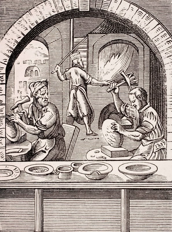 Cymbal maker. Reproduction of a woodcut from the 16th century by Jost Amman from the 19th century, digital reproduction of a historical model