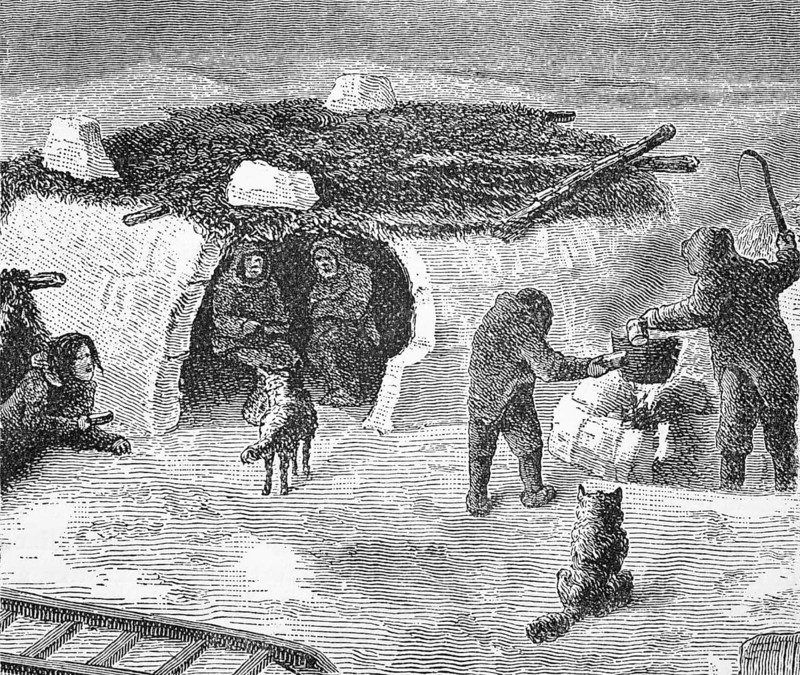 Building and Eskimo, Innuit, hut during the spring snowmelt, around 1870, Canada, digital reproduction of a historical model
