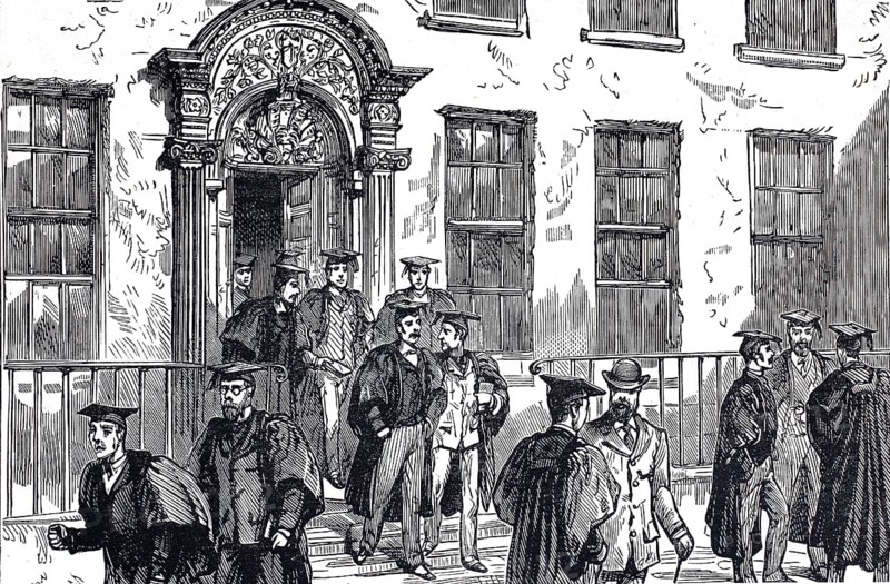 University of Durham in 1880, Durham University, the Bishop Cosin's Hall, Students coming from the lecture, University in the city of the same name in the North East of England, Historical, digitally restored reproduction from a 19th century original, Record date not stated