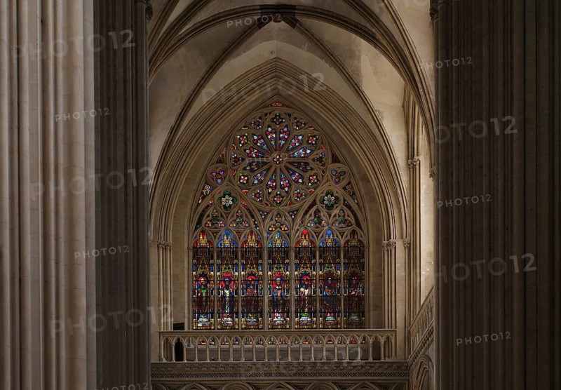 Interior view, stained glass window, coloured church windows, Cathédrale Notre-Dame de Bayeux, Bayeux, Calvados, France