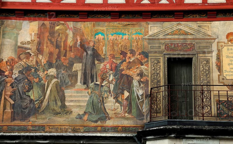 House facade with facade painting in the old town, Stein am Rhein, Canton Schaffhausen, Switzerland