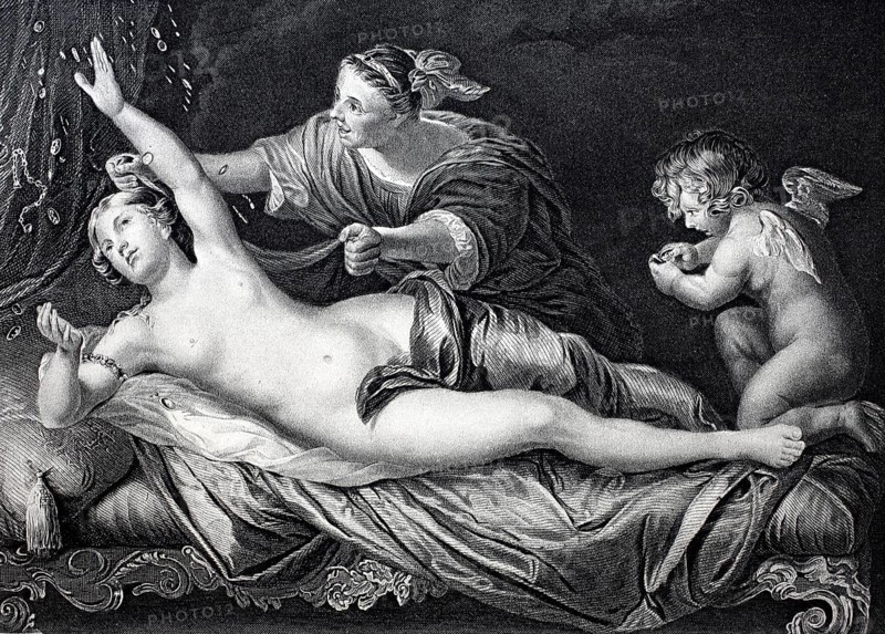 Danae, in Greek mythology the daughter of Acrisius, lover of Zeus and through him mother of the hero Perseus, steel engraving after a painting by Van Dyck, around 1650, Historic, digitally restored reproduction of a 19th century model, Baroque scene with a reclining naked woman, a helper and a small angel, surrounded by fabrics