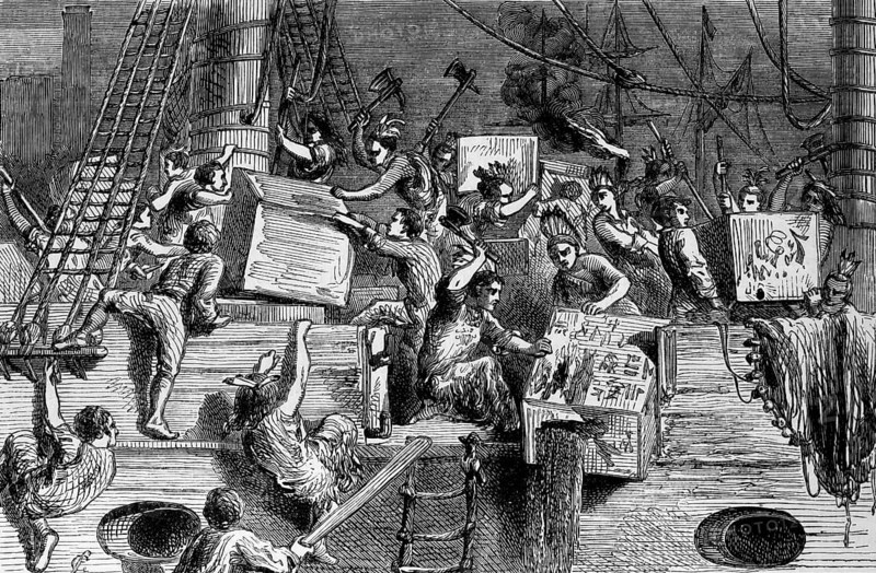 The Boston Tea Party was a political protest by the Sons of Liberty in Boston, in the British colony of Massachusetts, against the British government and the East India Company, which controlled all the tea imported into the colonies, 16 December 1773, a group of colonists boarded the ships and destroyed the tea by throwing it into Boston Harbor, digital reproduction of a historical original