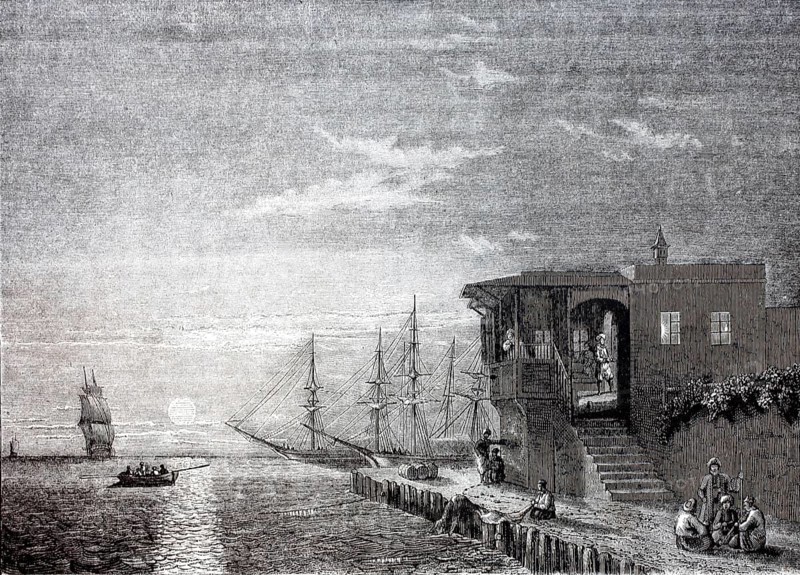 Turkish coffee house at the harbour of Rhodes in the evening, in 1870, Greece, digitally enhanced reproduction from a 19th century original, historical, exact date unknown