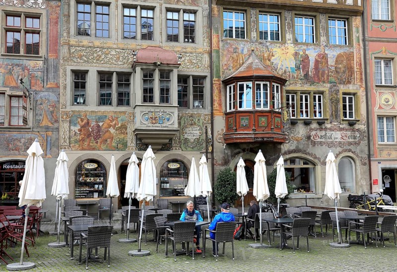 House facade with facade painting in the old town, Stein am Rhein, Canton Schaffhausen, Switzerland