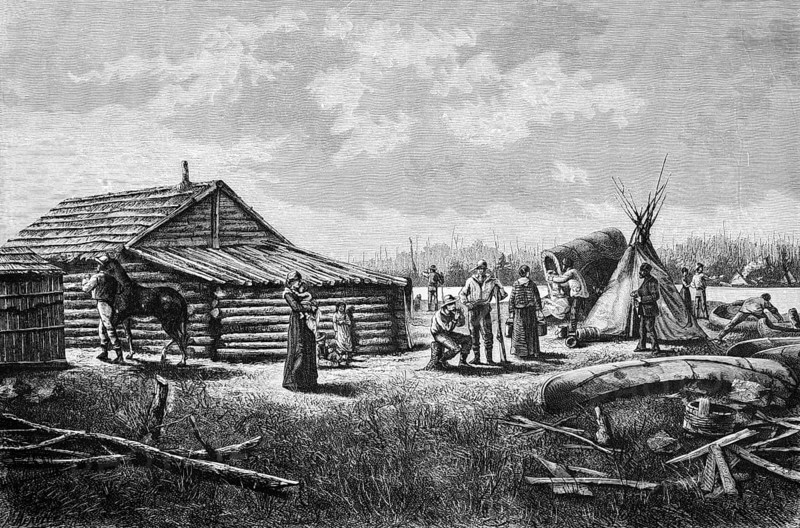 Northwest trading post, settlement, immigrants, wooden house, yurt tent, settlers, men, woman, children, horse, covered wagon, daily life, North America, historical illustration 1888