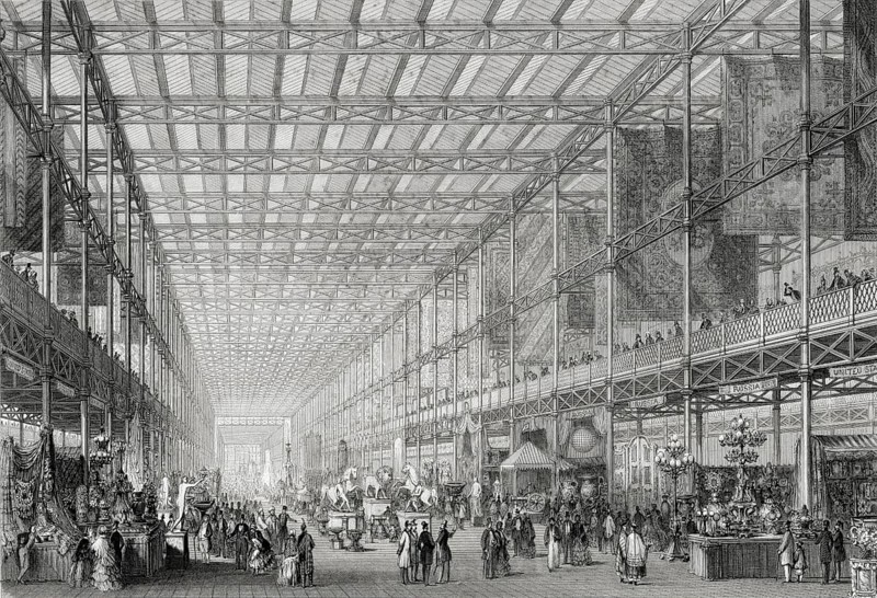 Interior view of the Great Exhibition of the Works of Industry of All Nations in Hyde Park, London, England, 1851. From the Cyclopaedia of Useful Arts and Manufactures by Charles Tomlinson, digital reproduction of a historical model