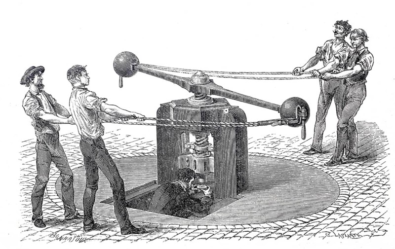 Worker at a mint, coin minting block, moved by human power, 1860, England, digitally enhanced reproduction of a 19th century model, historical