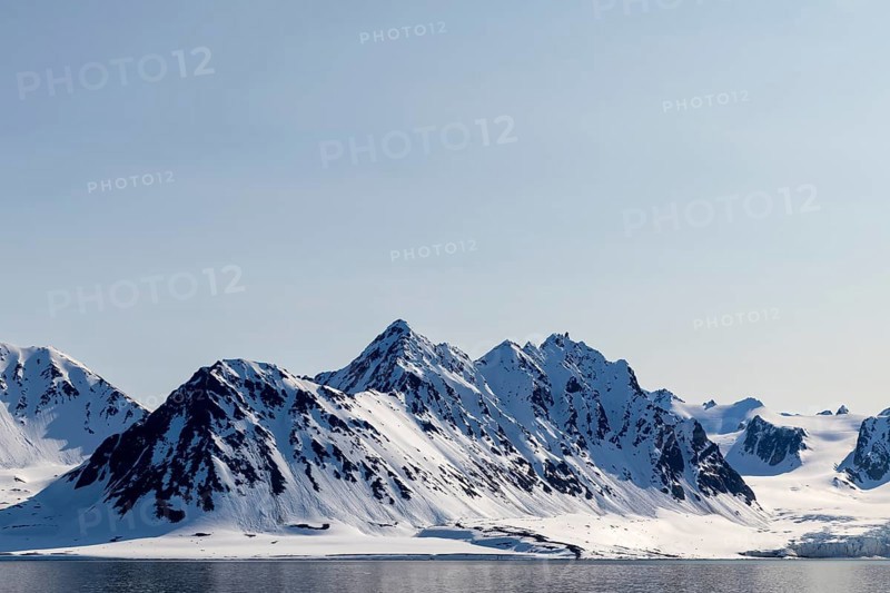 Mountain tops, snow, sea, Smeerenburg, Spitsbergen, Svalbard