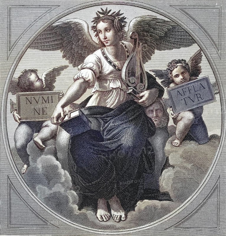 Symbolism of poetry, An angel sitting on clouds, holding a harp and a book, accompanied by two putti, after a painting by Raphael, Vatican, Rome, Italy, digitally restored reproduction of an old original, historical, exact date unknown