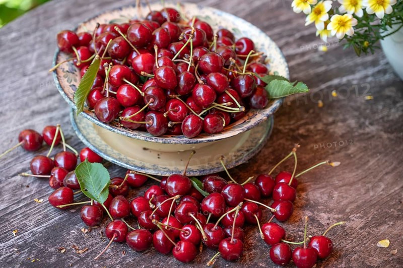 Fresh sweet cherries (Prunus avium) in a bowl, Bavaria, Germany