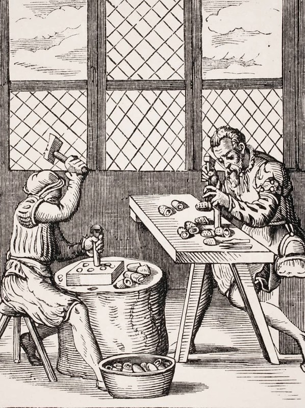 Dice maker. Reproduction of a woodcut from the 16th century by Jost Amman from the 19th century, digital reproduction of a historical model