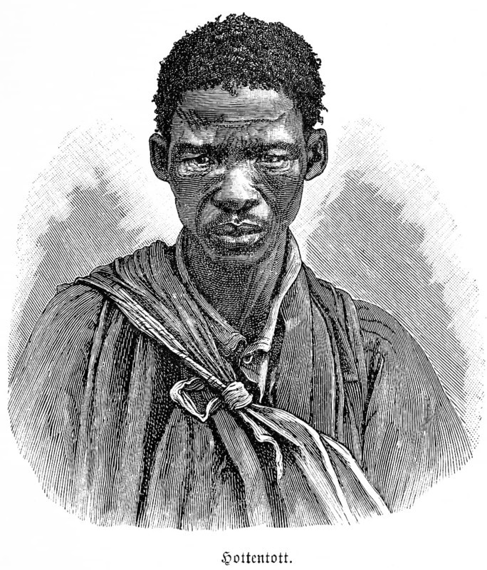 Hottentot, historical term, portrait of an African, middle-aged man, indigenous ethnicity, term today racist and derogatory, face, short frizzy hair, scarf, jacket, racism, discrimination, term of the colonial era, sad serious look, historical illustration 1896